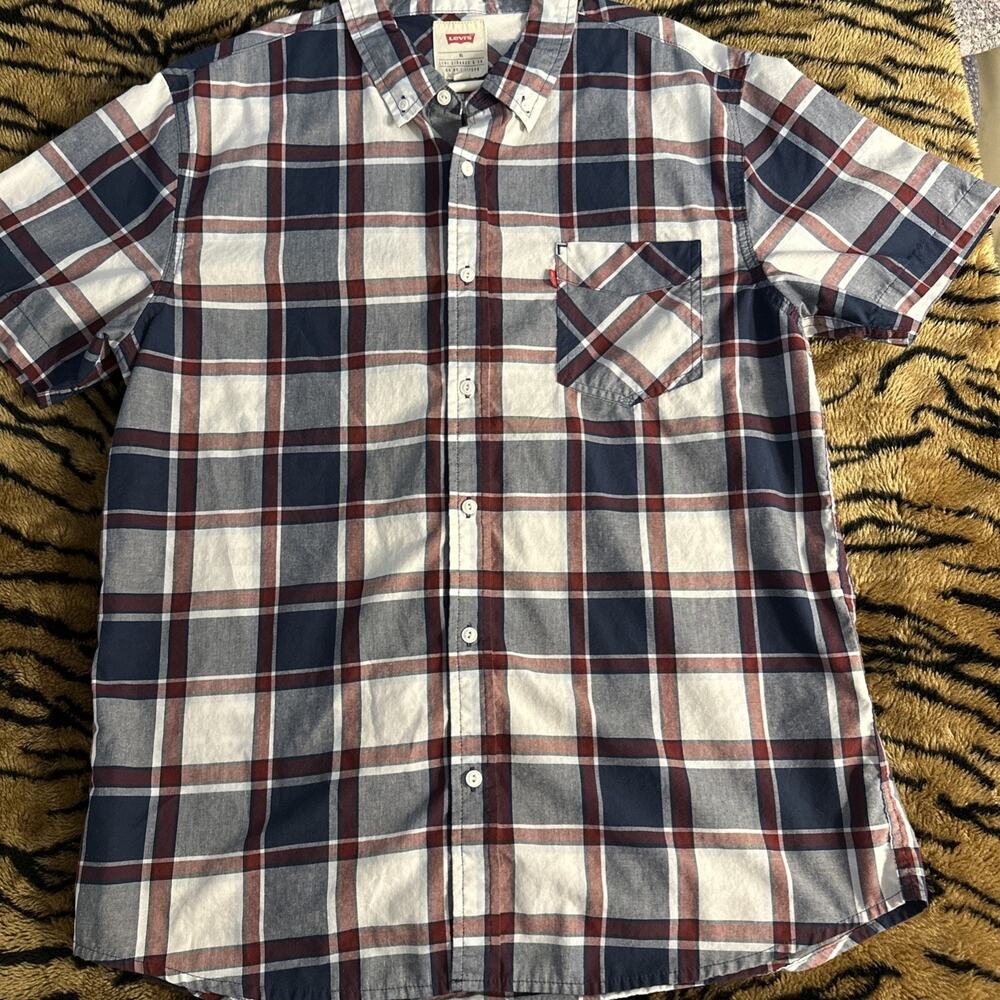 Levi's Shirt Mens XL Blue Red Plaid Short Sleeve Button Front Pocket Casual
